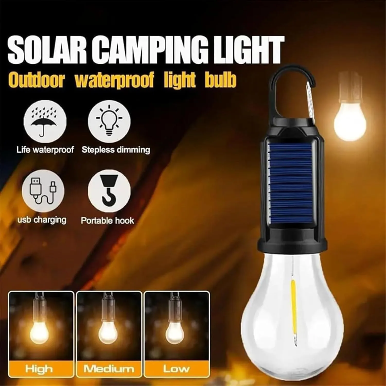 Solar Rechargeable Hooked Camping Light, 3 Light Modes Adjustable LED Solar Camping Lights, Portable Outdoor Waterproof Emergency Camp Bulbs for Hiking, Party, Fishing(3 Pcs B)