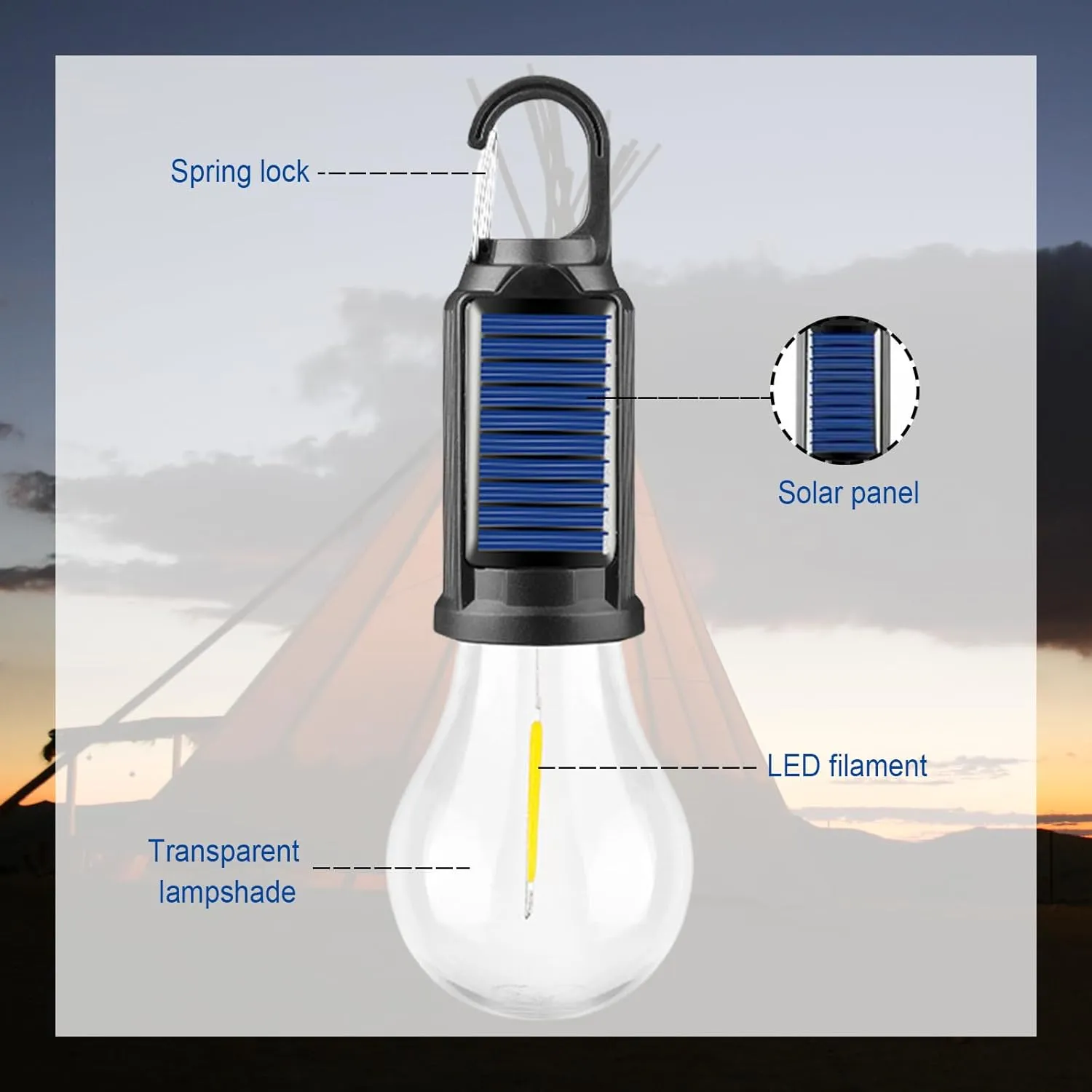 Solar Rechargeable Hooked Camping Light, LED Solar Tent Lights Battery Powered with Clip Hook, Portable Outdoor Waterproof Emergency Camp Bulbs (Tapered Style*6)
