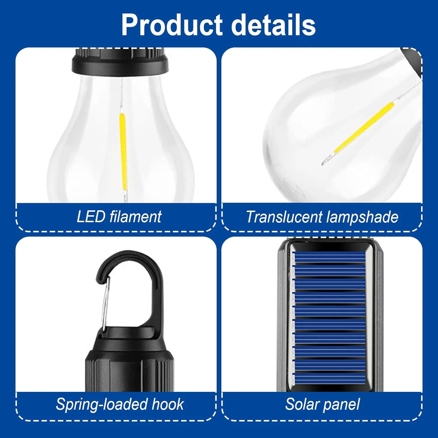 Solar Rechargeable Hooked Camping Light, LED Solar Tent Lights Battery Powered with Clip Hook, Portable Outdoor Waterproof Emergency Camp Bulbs (Tapered Style*6)