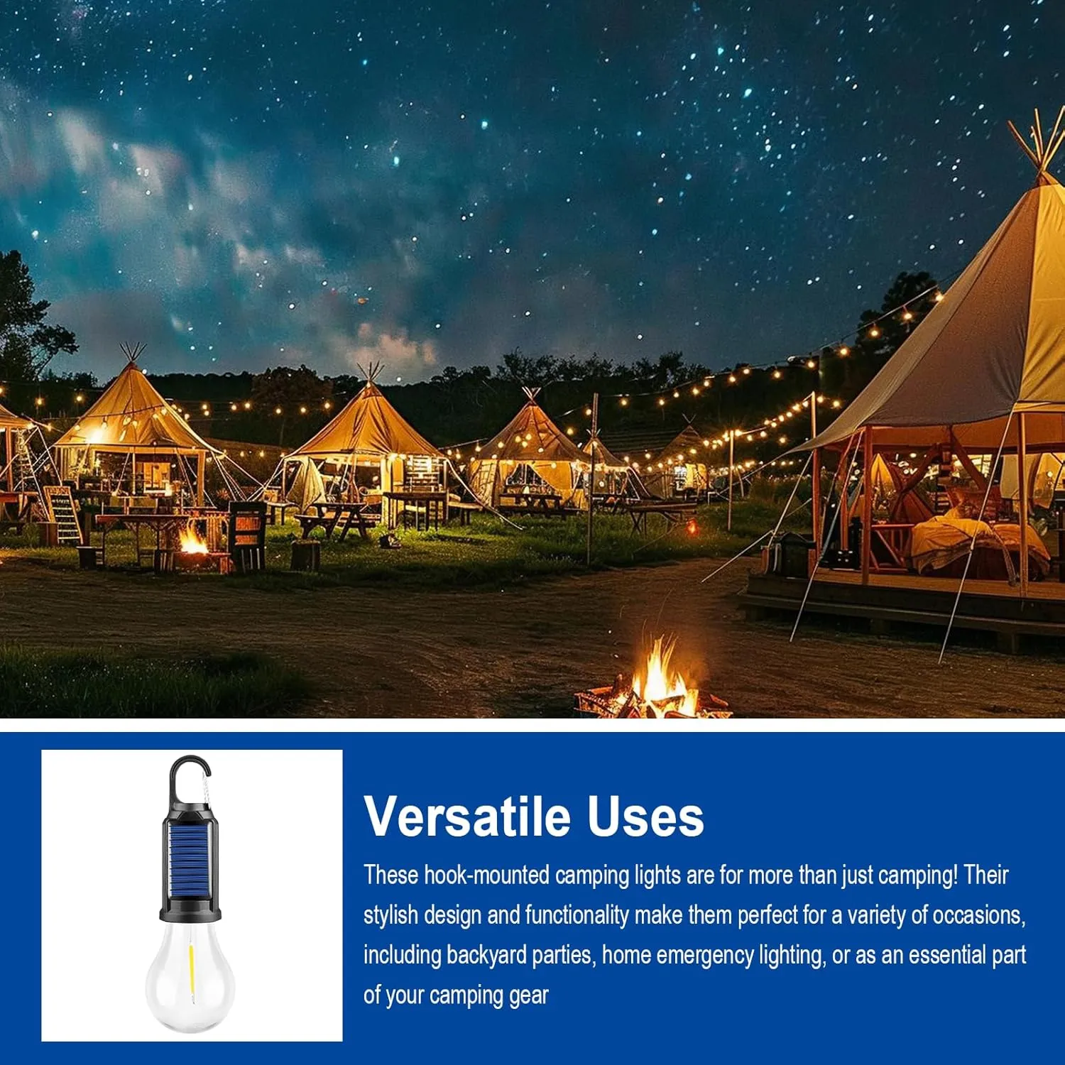 Solar Rechargeable Hooked Camping Light, LED Solar Tent Lights Battery Powered with Clip Hook, Portable Outdoor Waterproof Emergency Camp Bulbs (Tapered Style*6)