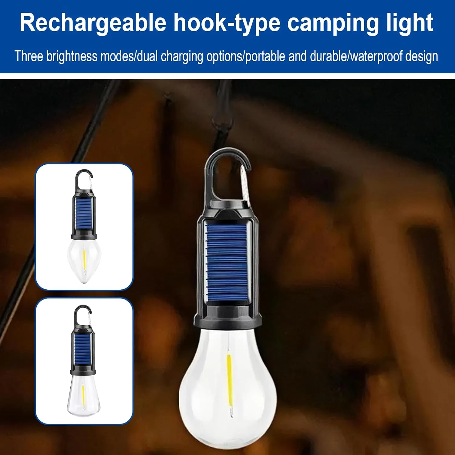 Solar Rechargeable Hooked Camping Light, LED Solar Tent Lights Battery Powered with Clip Hook, Portable Outdoor Waterproof Emergency Camp Bulbs (Tapered Style*6)
