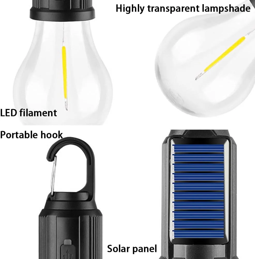 Solar Rechargeable Hooked Camping Light, Solar Rechargeable Light Bulbs, USB Charging Tungsten Light Bulb Solars Lights with Power Display, LED Tent Lights with IPX4 Waterproof (4*Spherical)