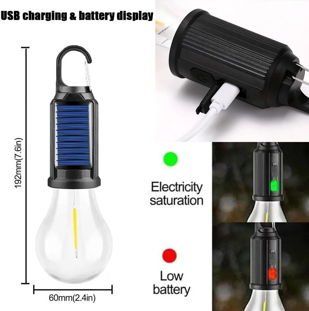Solar Rechargeable Hooked Camping Light, Solar Rechargeable Light Bulbs, USB Charging Tungsten Light Bulb Solars Lights with Power Display, LED Tent Lights with IPX4 Waterproof (4*Spherical)