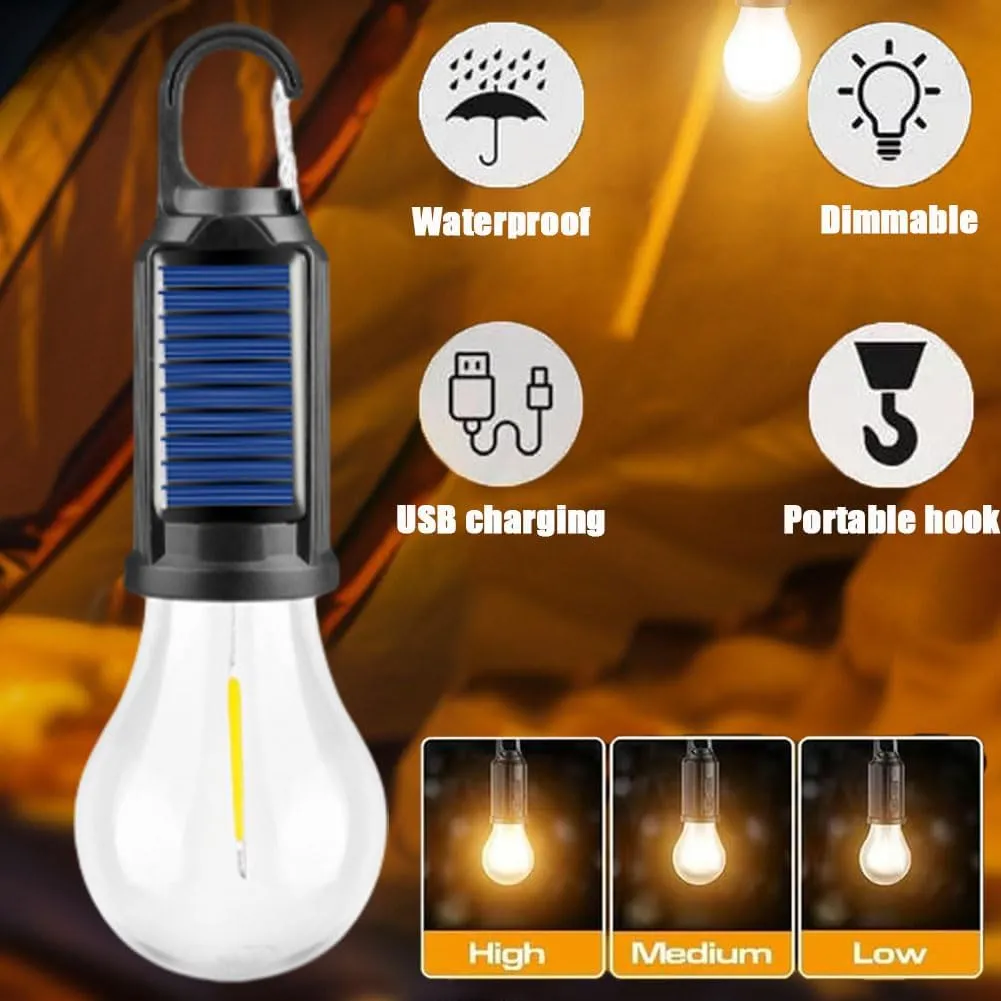 Solar Rechargeable Hooked Camping Light, Solar Rechargeable Light Bulbs, USB Charging Tungsten Light Bulb Solars Lights with Power Display, LED Tent Lights with IPX4 Waterproof (4*Spherical)