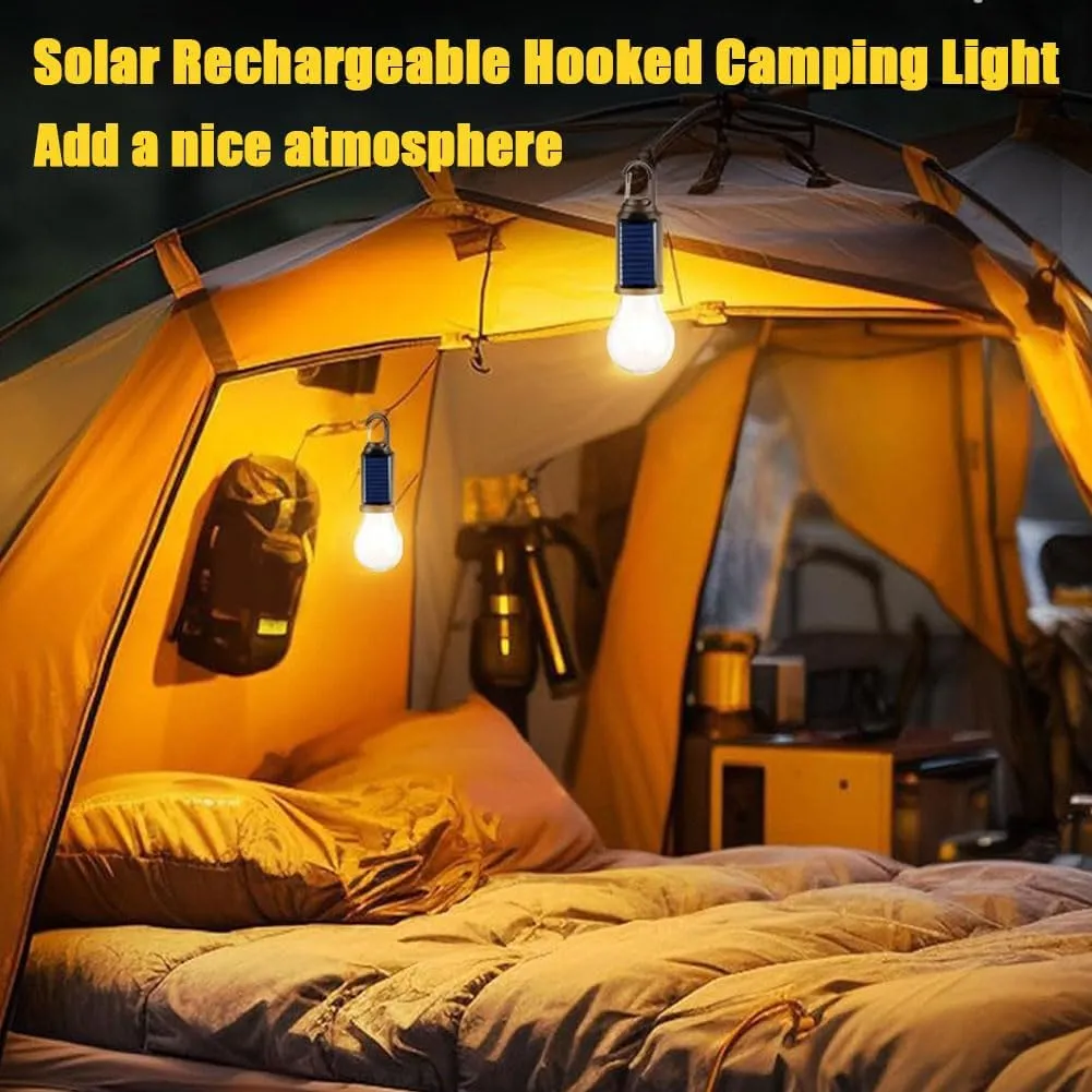 Solar Rechargeable Hooked Camping Light, Solar Rechargeable Light Bulbs, USB Charging Tungsten Light Bulb Solars Lights with Power Display, LED Tent Lights with IPX4 Waterproof (4*Spherical)