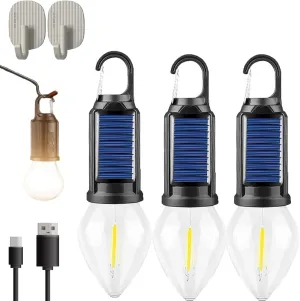 Solar Rechargeable Hooked Camping Light, Solar Tent Lights USB Rechargeable LED Camping Lantern, Shineshore Outdoor Vintage Hooked Camping Light, for Hiking, Campsites (Type-b, 3pcs)
