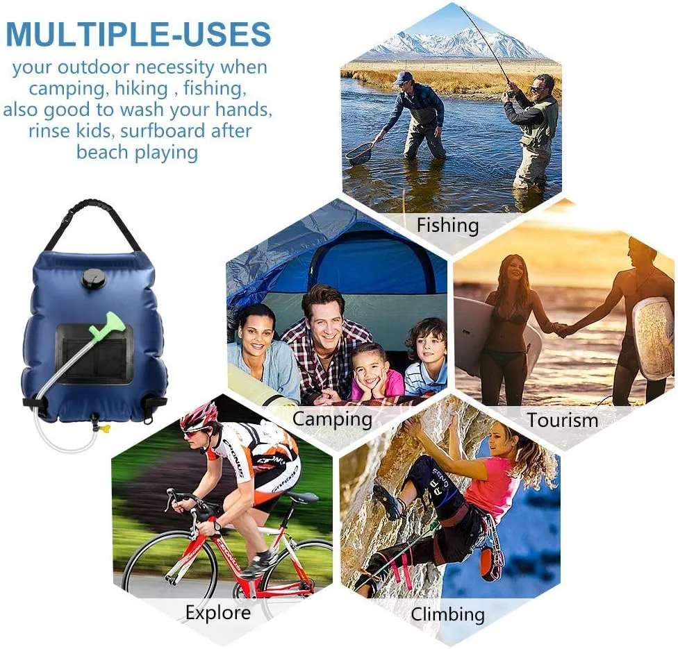 Solar Shower Bag | 5 Gal/20L Solar Heating Camping Shower Bag | Removable Hose | On-Off Switchable Shower Head | Ducha Portatil | Traveling Shower | Portable Shower for Beach Swimming, Hiking