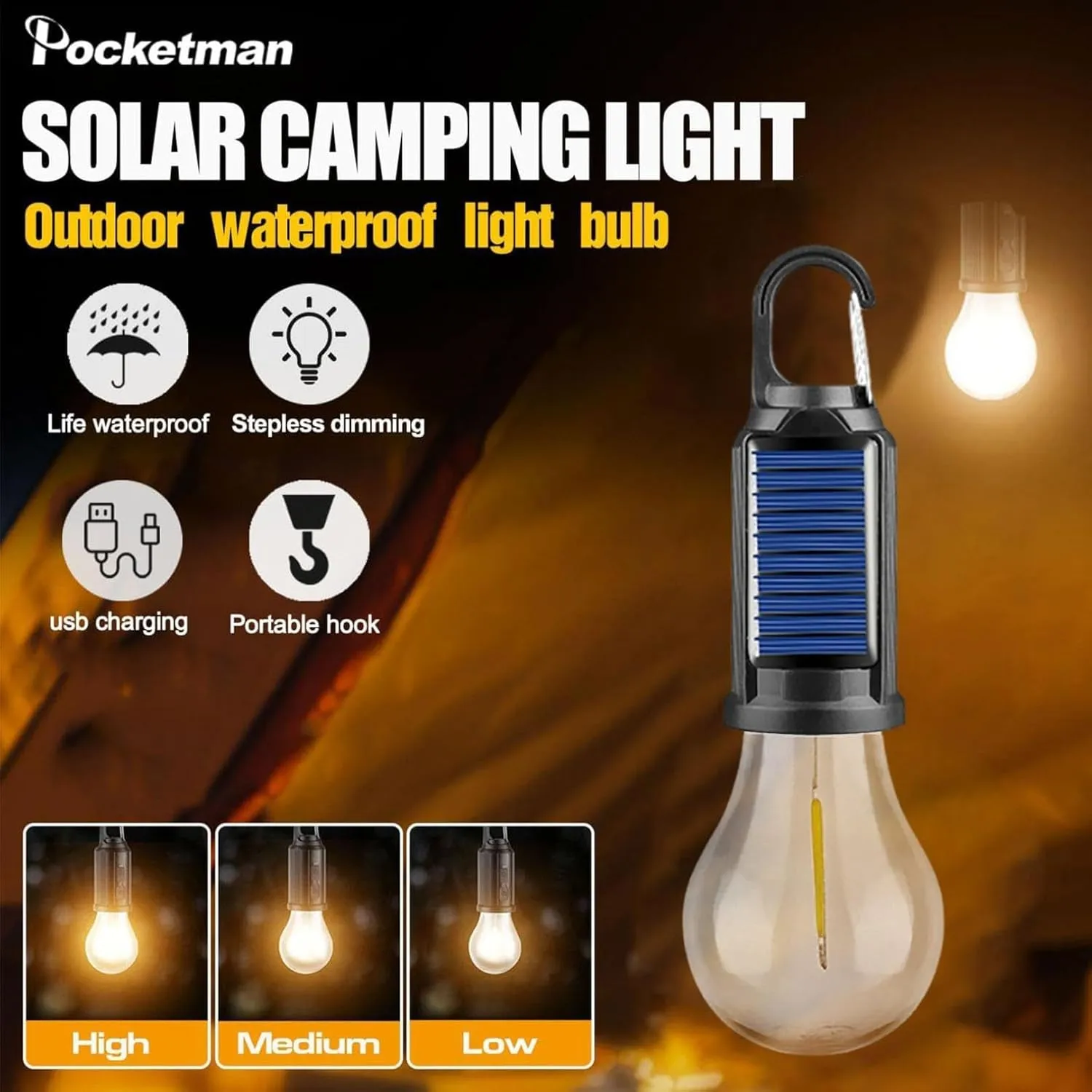 Solar Tent Lights, Tent Lights for Camping with Led, USB Camping Lantern Rechargeable, Camping Lanterns with Clip Hook, Outdoor Hanging Light Bulbs for Camping, Decorations and Flashlight (B-4pc)