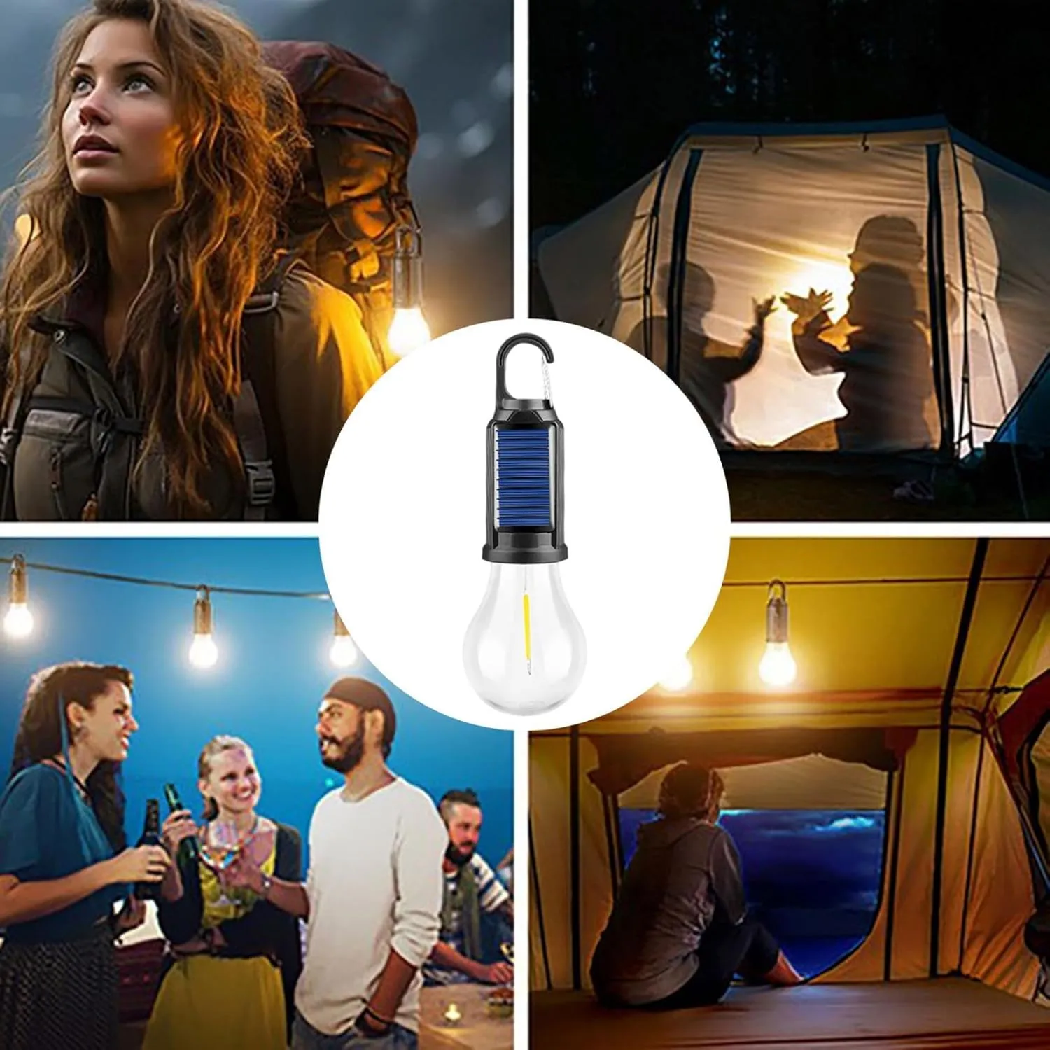 Solar Tent Lights, Tent Lights for Camping with Led, USB Camping Lantern Rechargeable, Camping Lanterns with Clip Hook, Outdoor Hanging Light Bulbs for Camping, Decorations and Flashlight (B-4pc)