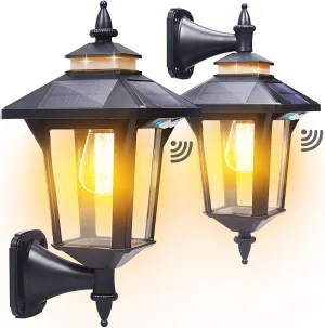 Solar Wall Lights Outdoor with 3 Modes & Motion Sensor, Dusk to Dawn Solar Porch Ligh, Waterproof Wall Sconce Lantern Lamp for Patio Garage Garden Barn Yard House, 2 Types of Wall Mount, 2 Pack