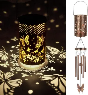 Solar Wind Chimes for Outside Butterfly Gifts for Women Mom, Hanging Solar Lantern Memorial Wind Chimes, Christmas Windchimes for Outdoors Garden Decor