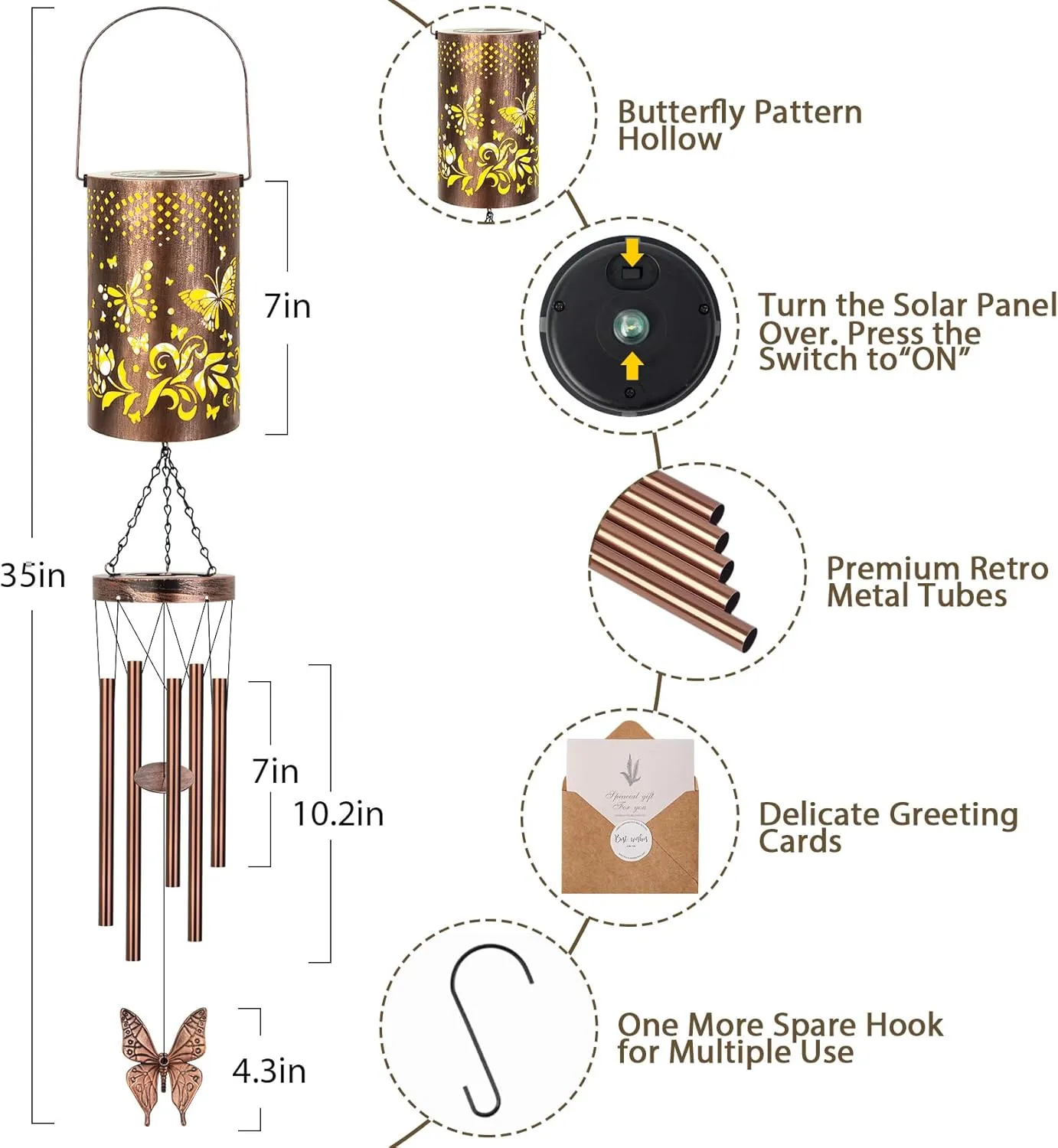 Solar Wind Chimes for Outside Butterfly Gifts for Women Mom, Hanging Solar Lantern Memorial Wind Chimes, Christmas Windchimes for Outdoors Garden Decor