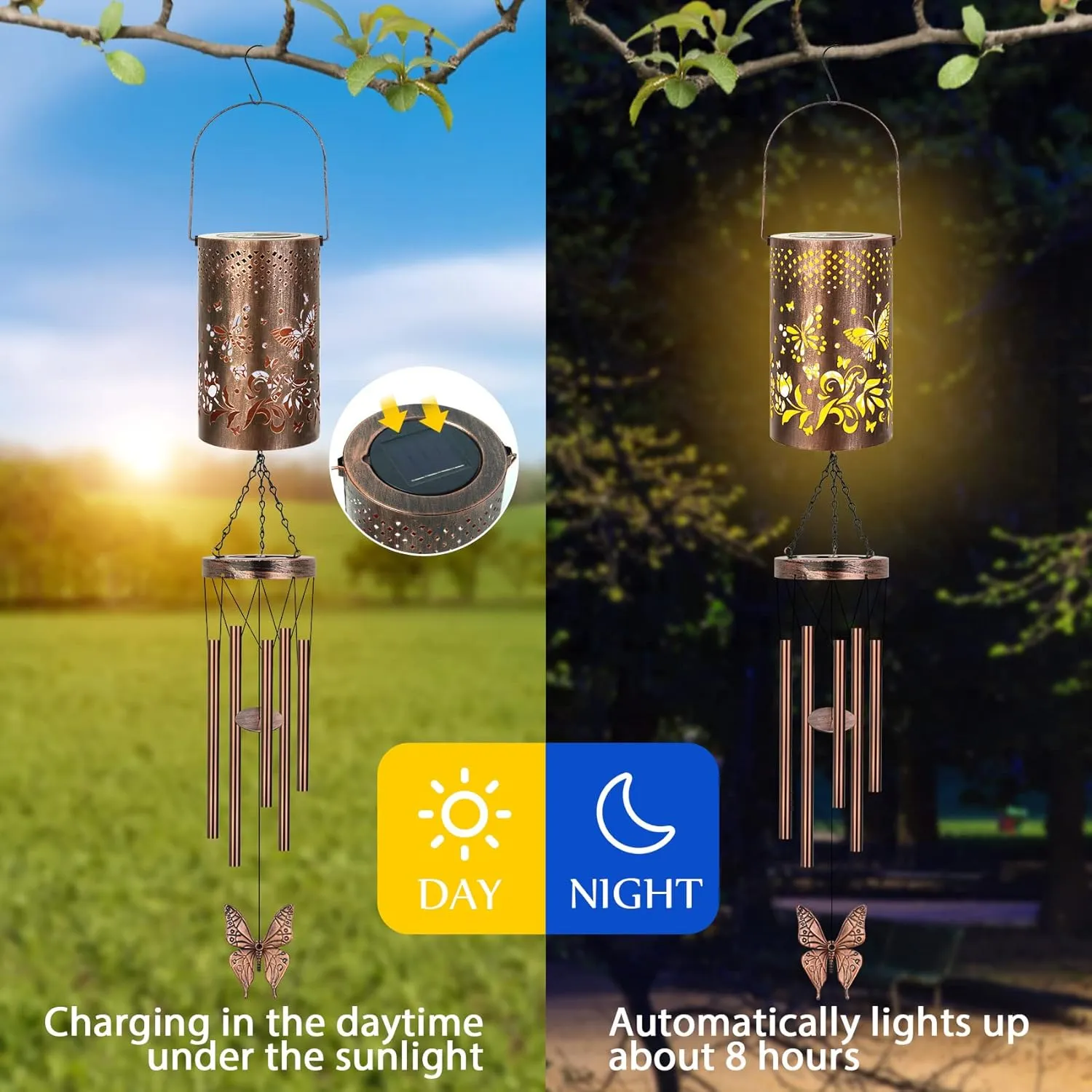 Solar Wind Chimes for Outside Butterfly Gifts for Women Mom, Hanging Solar Lantern Memorial Wind Chimes, Christmas Windchimes for Outdoors Garden Decor