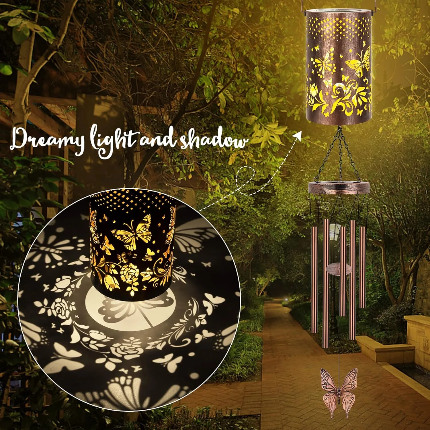 Solar Wind Chimes for Outside Butterfly Gifts for Women Mom, Hanging Solar Lantern Memorial Wind Chimes, Christmas Windchimes for Outdoors Garden Decor