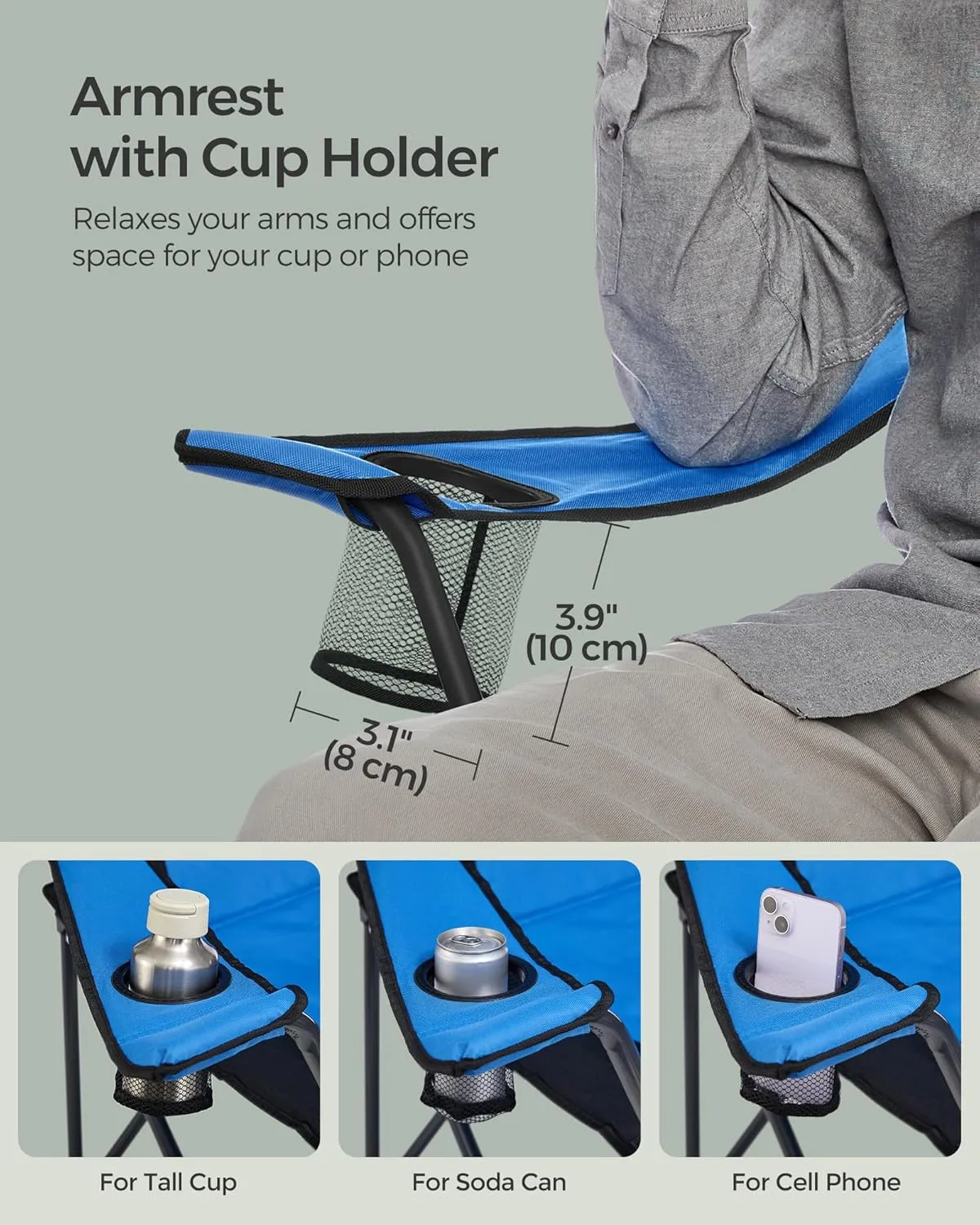 SONGMICS Folding Camping Chair, with Comfortable Sponge Seat, Cup Holder, Heavy Duty Structure, Max Load Capacity 551 lb, Outdoor Picnic Chair, Blue and Black UGCB06BU