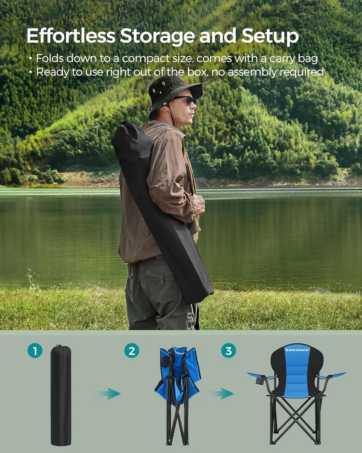 SONGMICS Folding Camping Chair, with Comfortable Sponge Seat, Cup Holder, Heavy Duty Structure, Max Load Capacity 551 lb, Outdoor Picnic Chair, Blue and Black UGCB06BU