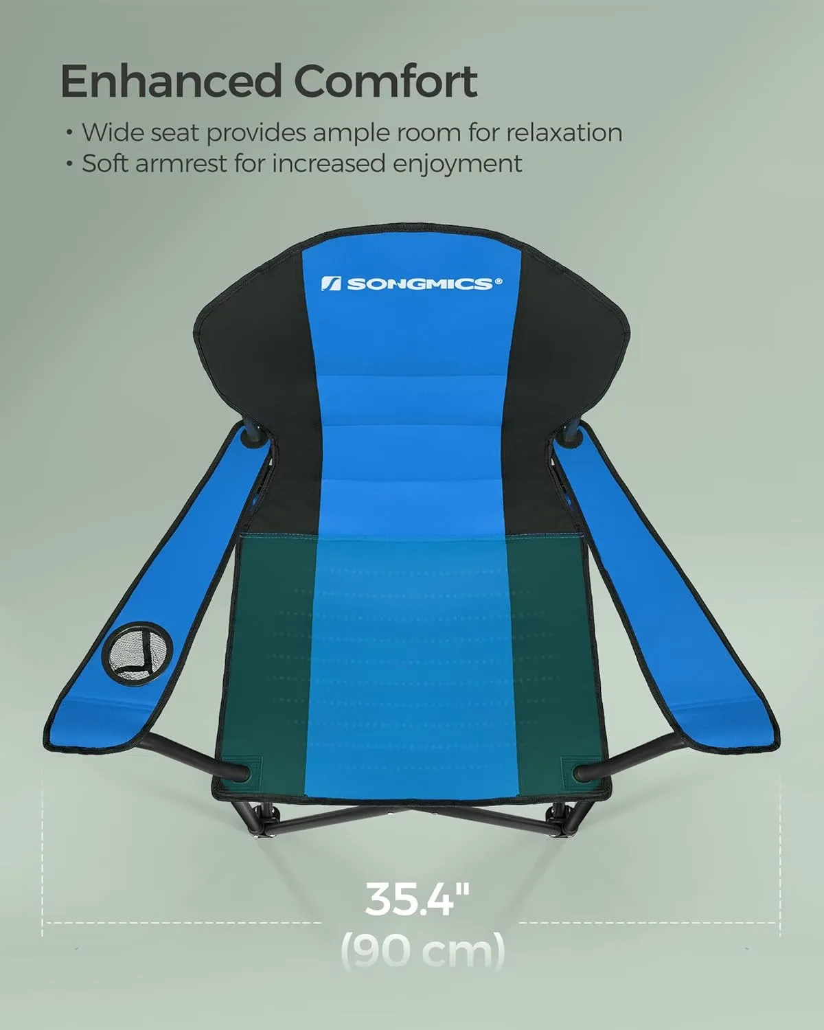SONGMICS Folding Camping Chair, with Comfortable Sponge Seat, Cup Holder, Heavy Duty Structure, Max Load Capacity 551 lb, Outdoor Picnic Chair, Blue and Black UGCB06BU