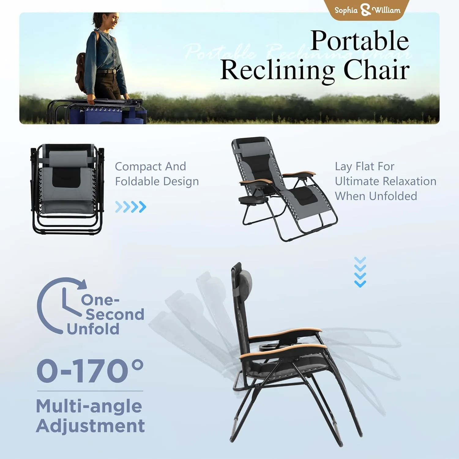 Sophia & William Oversize Zero Gravity Chair, Padded Recliner with Free Cup Holder, Supports 400 LBS (Grey)