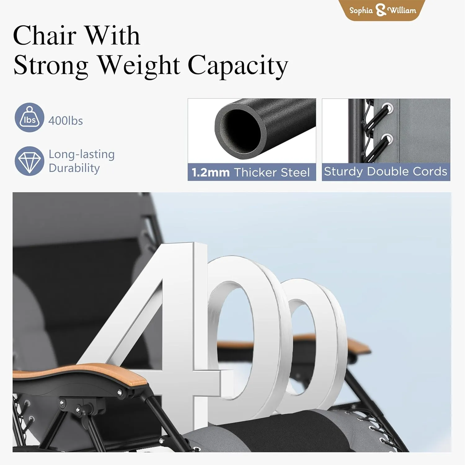 Sophia & William Oversize Zero Gravity Chair, Padded Recliner with Free Cup Holder, Supports 400 LBS (Grey)