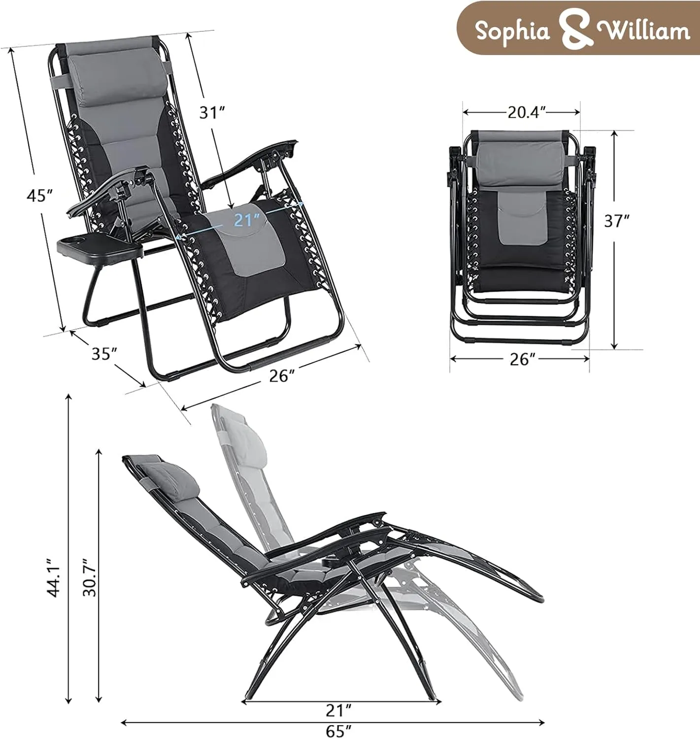 Sophia & Willliam Zero Gravity Chair Set of 2, Reclining Folding Chair with Free Cup Holder (Grey)