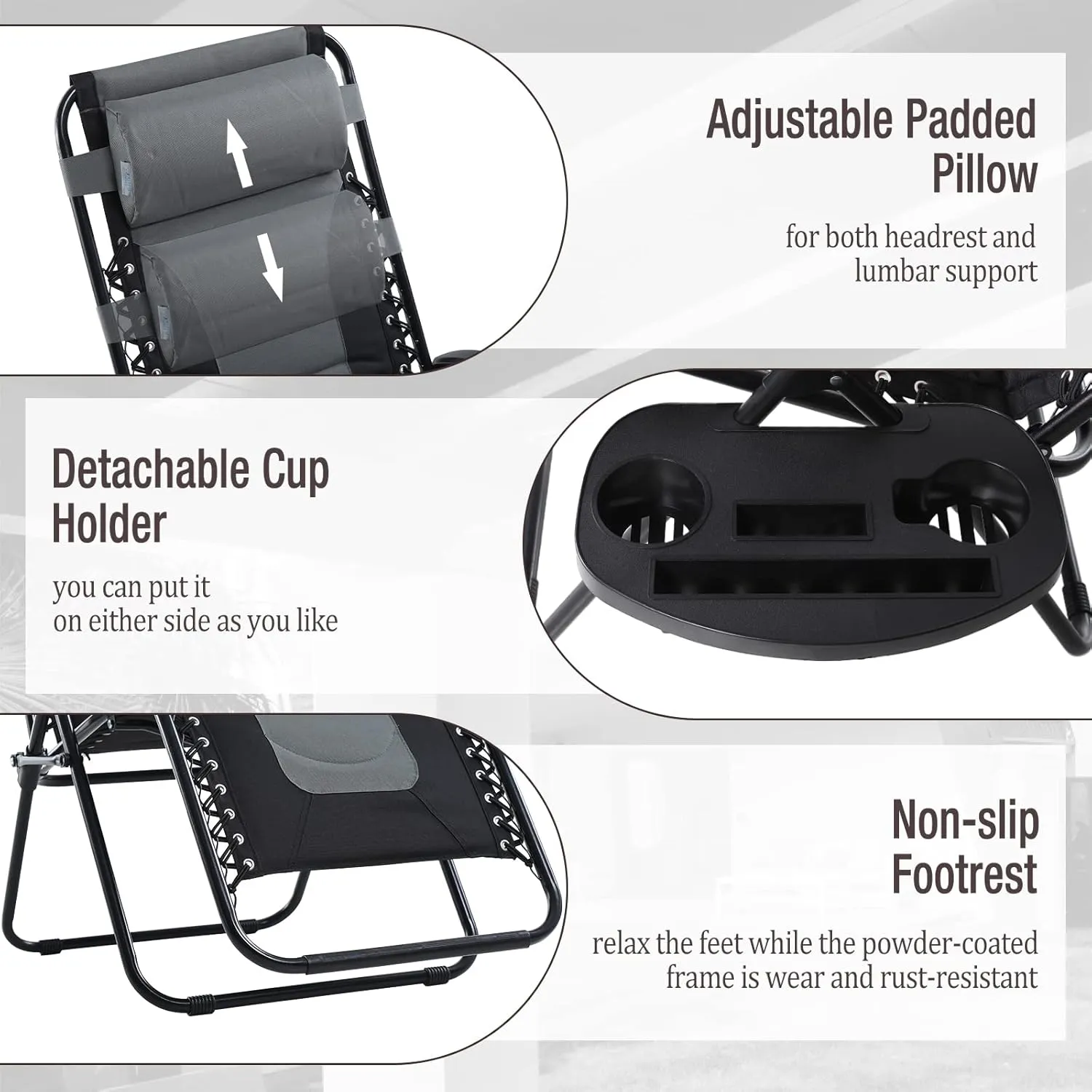 Sophia & Willliam Zero Gravity Chair Set of 2, Reclining Folding Chair with Free Cup Holder (Grey)