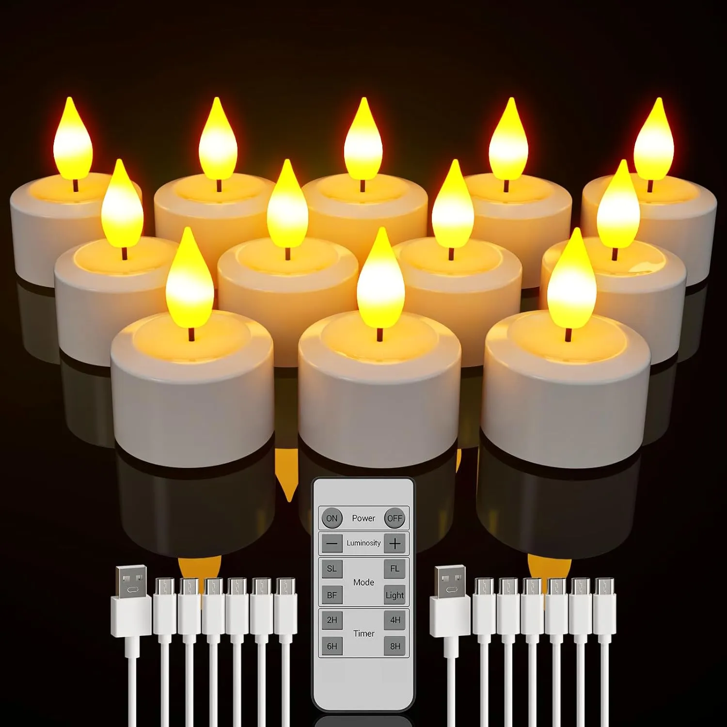 SoulBay Rechargeable Tea Lights with Remote, 12pcs Flameless Flickering LED Candles with Timer & USB Charging Cable, No Battery Needed, for Home Lantern Table Party Holiday Decorations