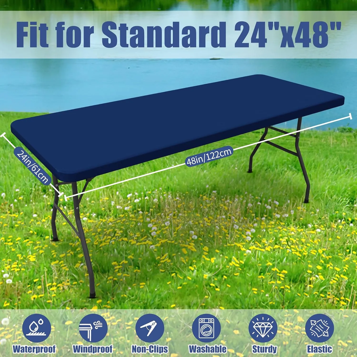 Spandex Picnic Table Cloth 2 Pack, Elastic Fitted Tablecloths for 4 Foot Rectangle Tables, Stretch Washable Patio Table Cover for Outdoor, Camping, Banquet and Parties (Navy, 24"x48")