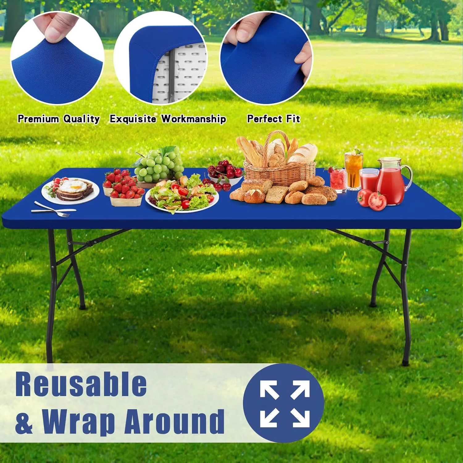 Spandex Picnic Table Cloth 2 Pack, Elastic Fitted Tablecloths for 6 Foot Rectangle Tables, Stretch Washable Patio Table Cover for Outdoor, Camping, Banquet and Parties (Blue, 30"x72")