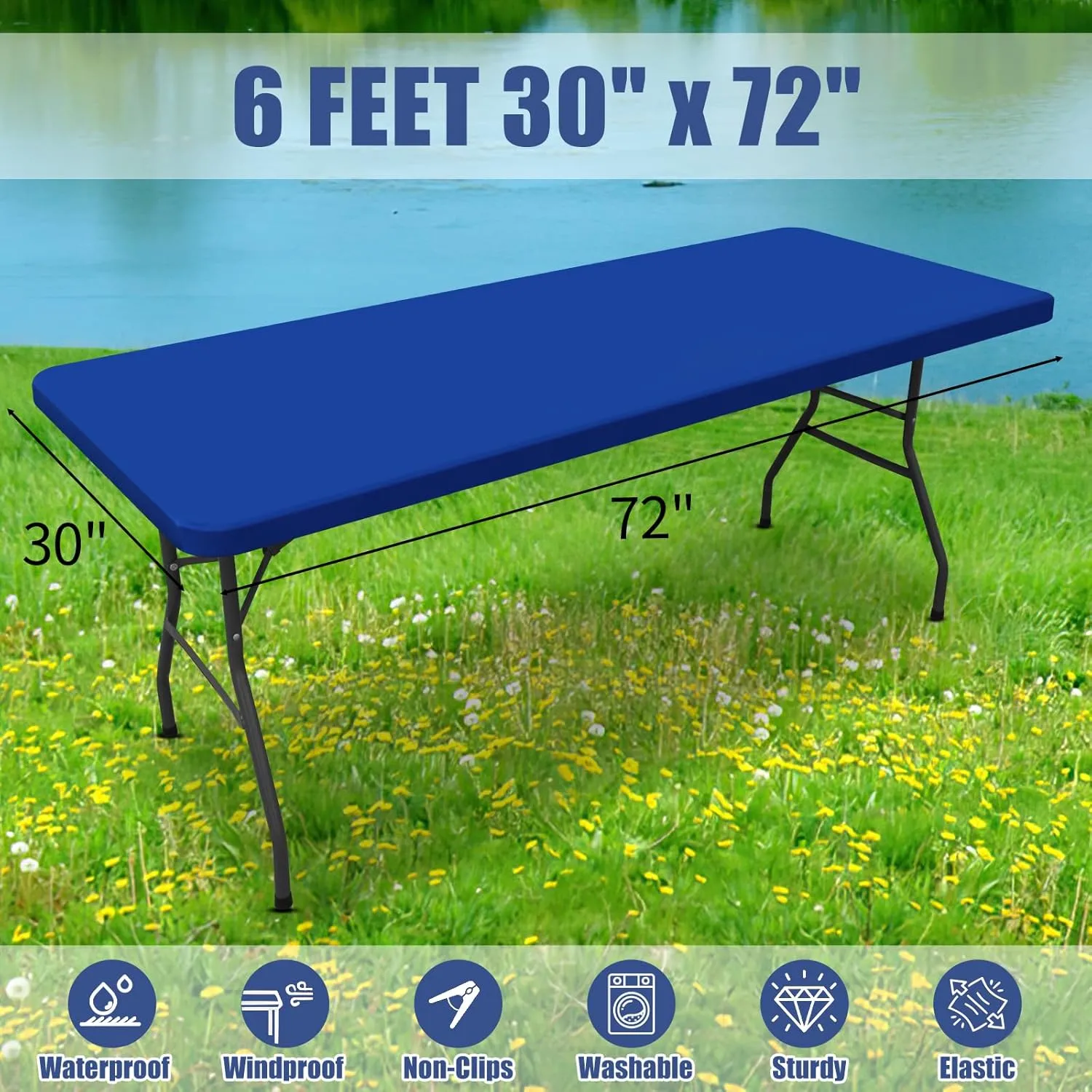 Spandex Picnic Table Cloth 2 Pack, Elastic Fitted Tablecloths for 6 Foot Rectangle Tables, Stretch Washable Patio Table Cover for Outdoor, Camping, Banquet and Parties (Blue, 30"x72")