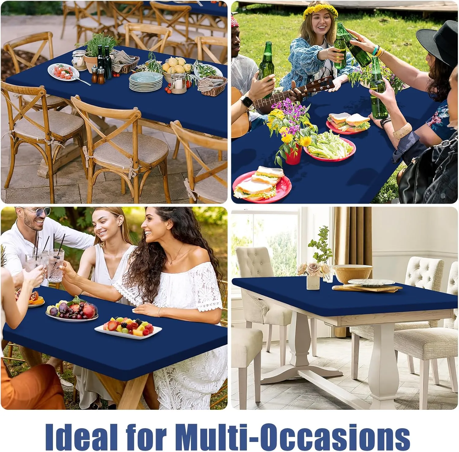 Spandex Picnic Table Cloth 2 Pack, Elastic Fitted Tablecloths for 6 Foot Rectangle Tables, Stretch Washable Patio Table Cover for Outdoor, Camping, Banquet and Parties (Navy, 30"x72")