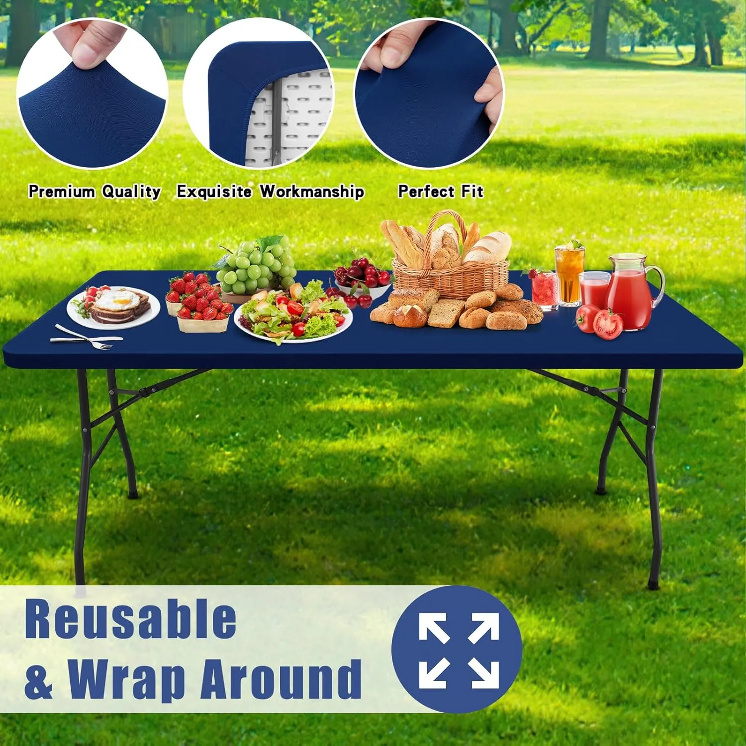 Spandex Picnic Table Cloth 2 Pack, Elastic Fitted Tablecloths for 6 Foot Rectangle Tables, Stretch Washable Patio Table Cover for Outdoor, Camping, Banquet and Parties (Navy, 30"x72")