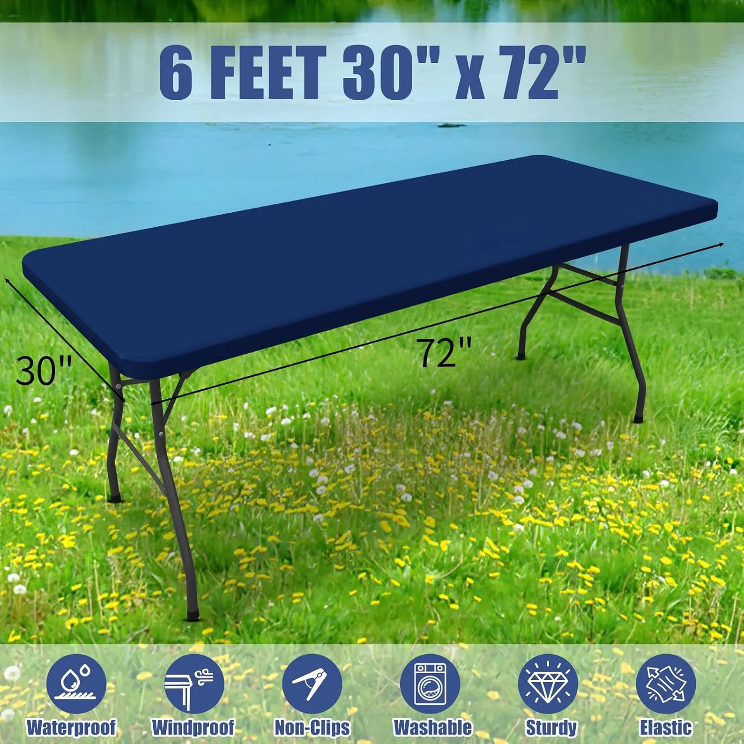 Spandex Picnic Table Cloth 2 Pack, Elastic Fitted Tablecloths for 6 Foot Rectangle Tables, Stretch Washable Patio Table Cover for Outdoor, Camping, Banquet and Parties (Navy, 30"x72")