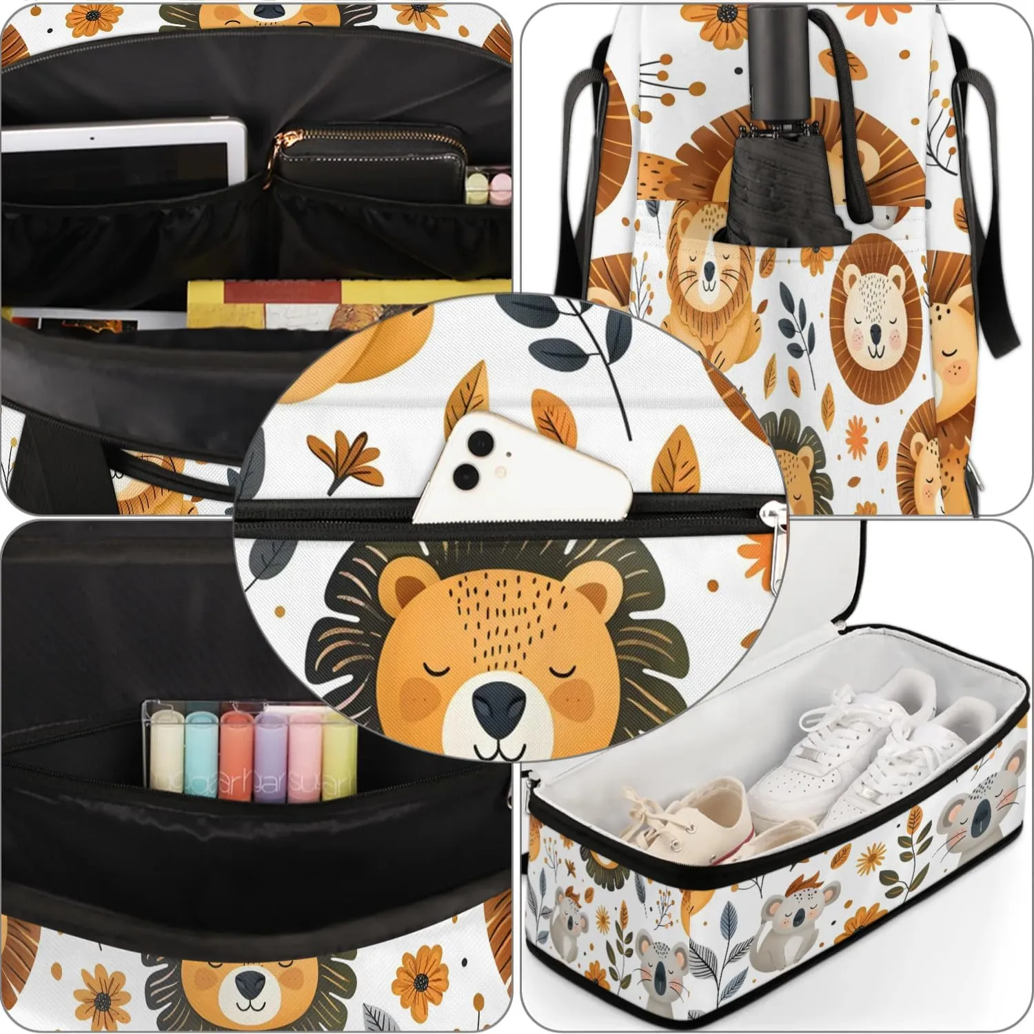 Sports Duffel Bag, Foldable Animals Lions Travel Duffel Bag, Gym Yoga Beach Bag Weekender Overnight Bag with Shoes Compartment for Men Women, Fall Funny Lion