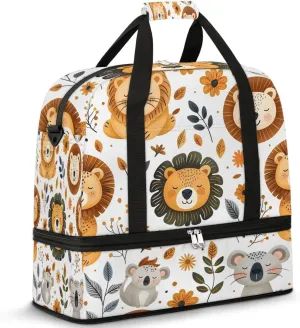Sports Duffel Bag, Foldable Animals Lions Travel Duffel Bag, Gym Yoga Beach Bag Weekender Overnight Bag with Shoes Compartment for Men Women, Fall Funny Lion