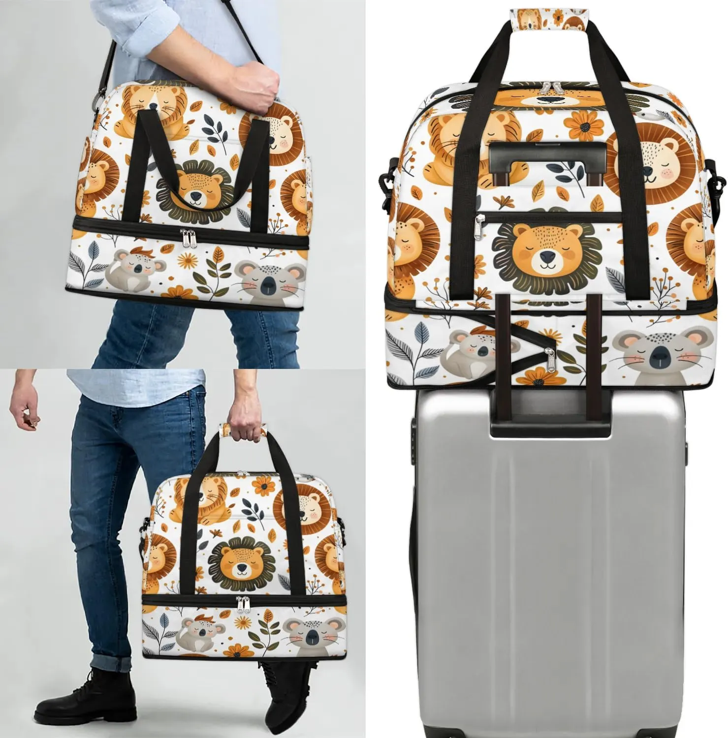 Sports Duffel Bag, Foldable Animals Lions Travel Duffel Bag, Gym Yoga Beach Bag Weekender Overnight Bag with Shoes Compartment for Men Women, Fall Funny Lion