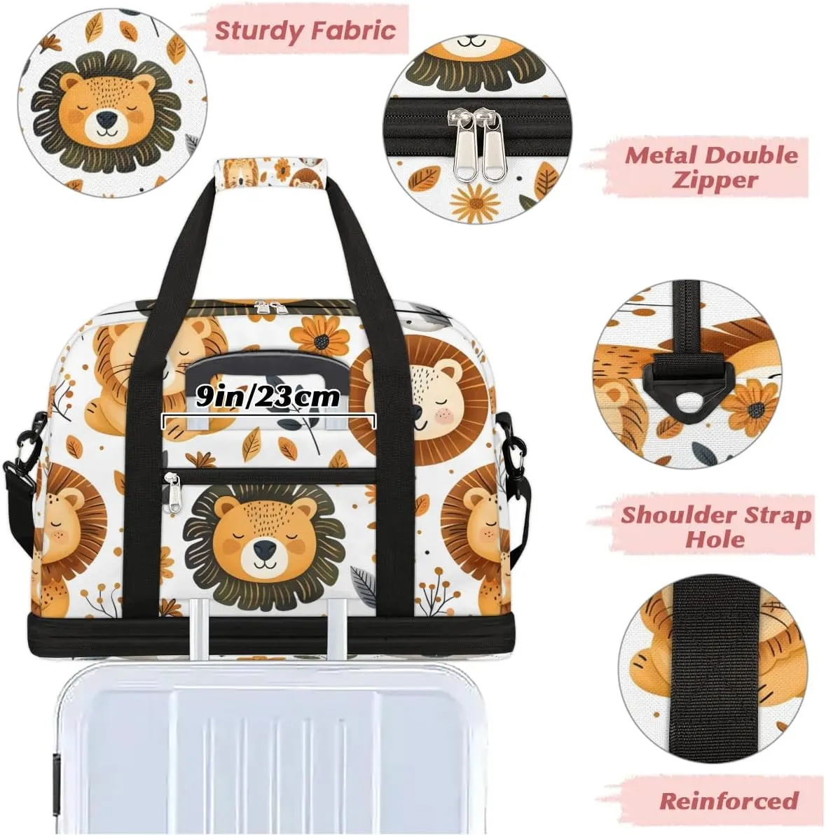 Sports Duffel Bag, Foldable Animals Lions Travel Duffel Bag, Gym Yoga Beach Bag Weekender Overnight Bag with Shoes Compartment for Men Women, Fall Funny Lion