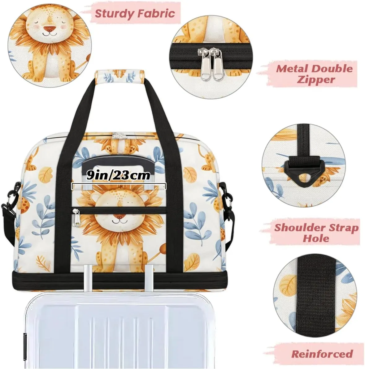 Sports Duffel Bag, Foldable Leaves Wildlife Lion Travel Duffel Bag, Gym Yoga Beach Bag Weekender Overnight Bag with Shoes Compartment for Men Women, Animal Lion