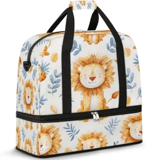 Sports Duffel Bag, Foldable Leaves Wildlife Lion Travel Duffel Bag, Gym Yoga Beach Bag Weekender Overnight Bag with Shoes Compartment for Men Women, Animal Lion