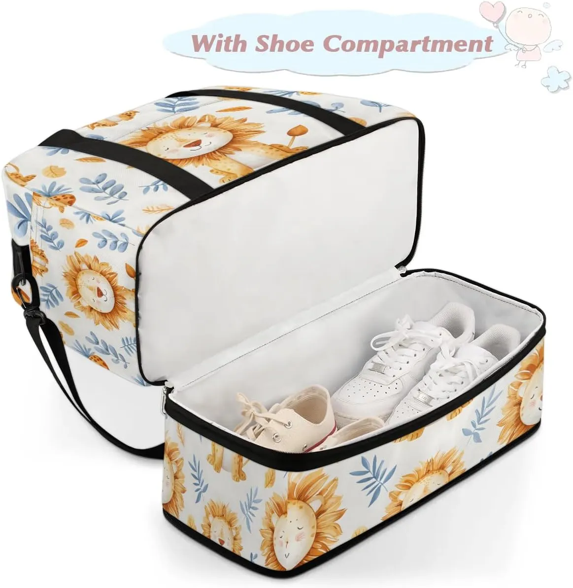 Sports Duffel Bag, Foldable Leaves Wildlife Lion Travel Duffel Bag, Gym Yoga Beach Bag Weekender Overnight Bag with Shoes Compartment for Men Women, Animal Lion
