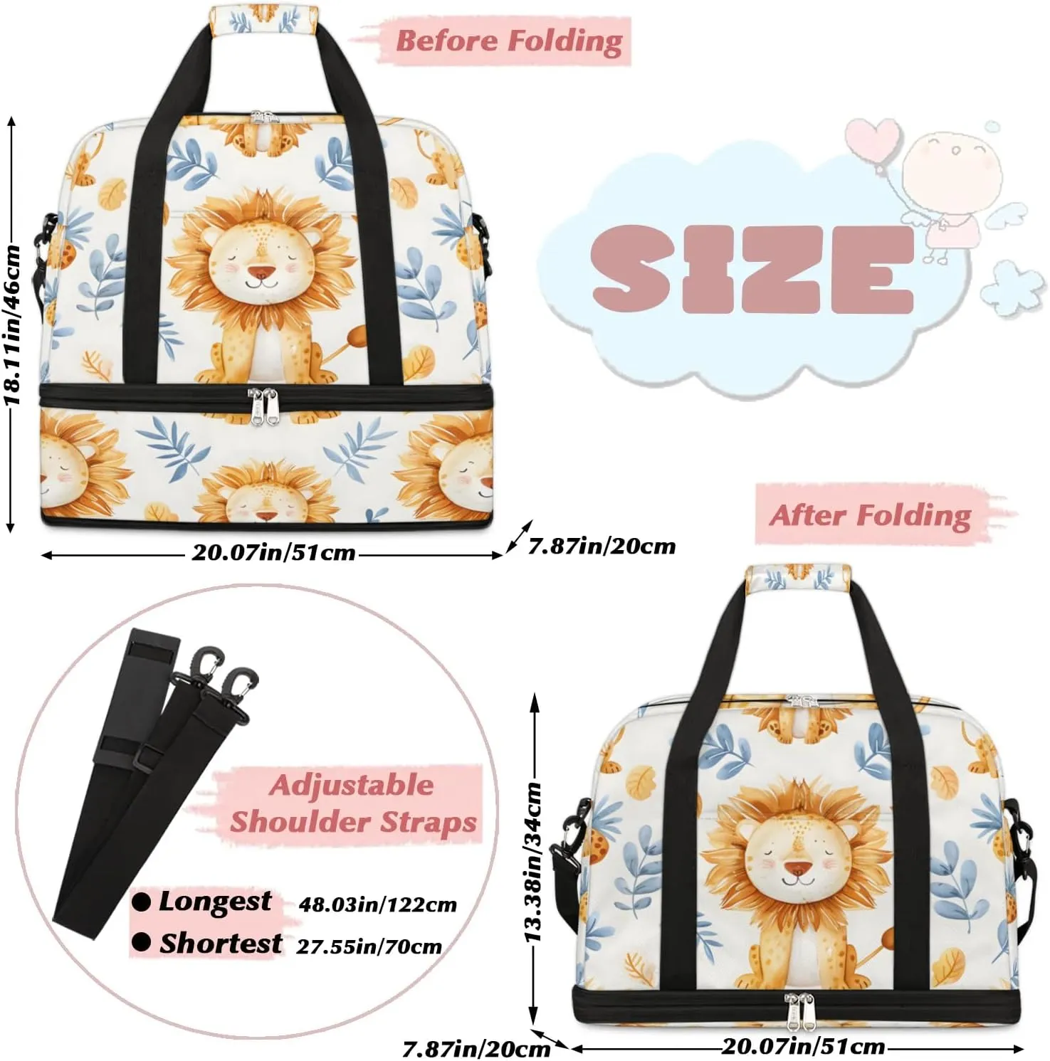 Sports Duffel Bag, Foldable Leaves Wildlife Lion Travel Duffel Bag, Gym Yoga Beach Bag Weekender Overnight Bag with Shoes Compartment for Men Women, Animal Lion