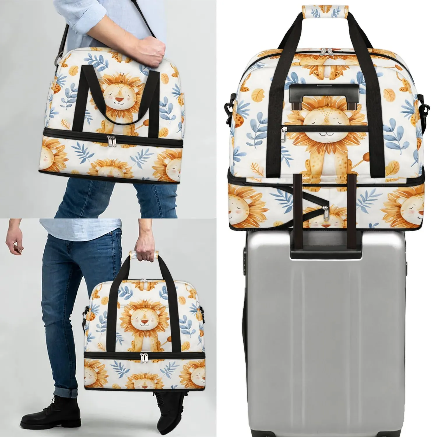 Sports Duffel Bag, Foldable Leaves Wildlife Lion Travel Duffel Bag, Gym Yoga Beach Bag Weekender Overnight Bag with Shoes Compartment for Men Women, Animal Lion