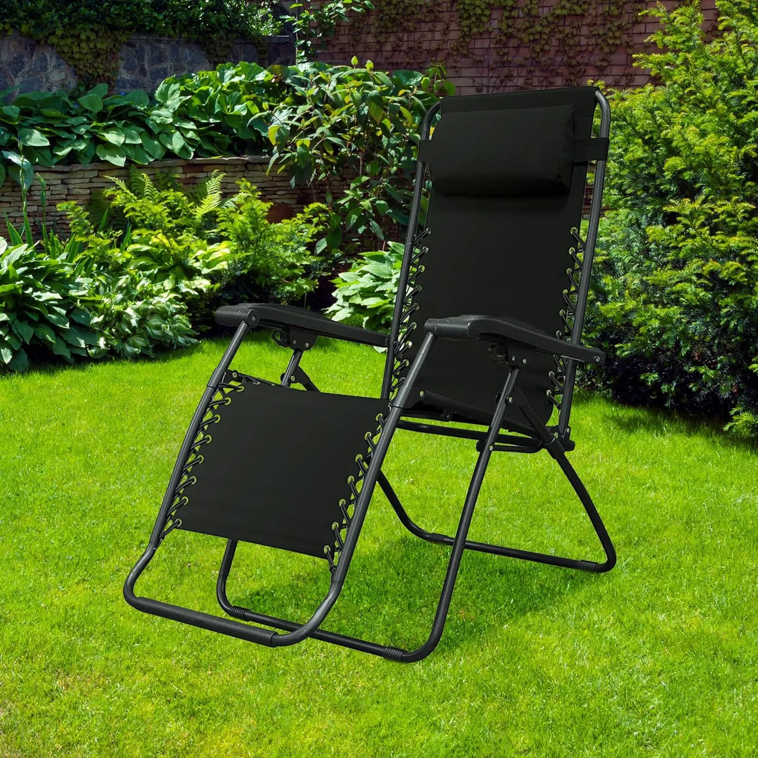 Sports Zero Gravity Outdoor Portable Folding Camping Lawn Deck Patio Pool Recliner Lounge Chair for Adults, Adjustable Headrest, Black