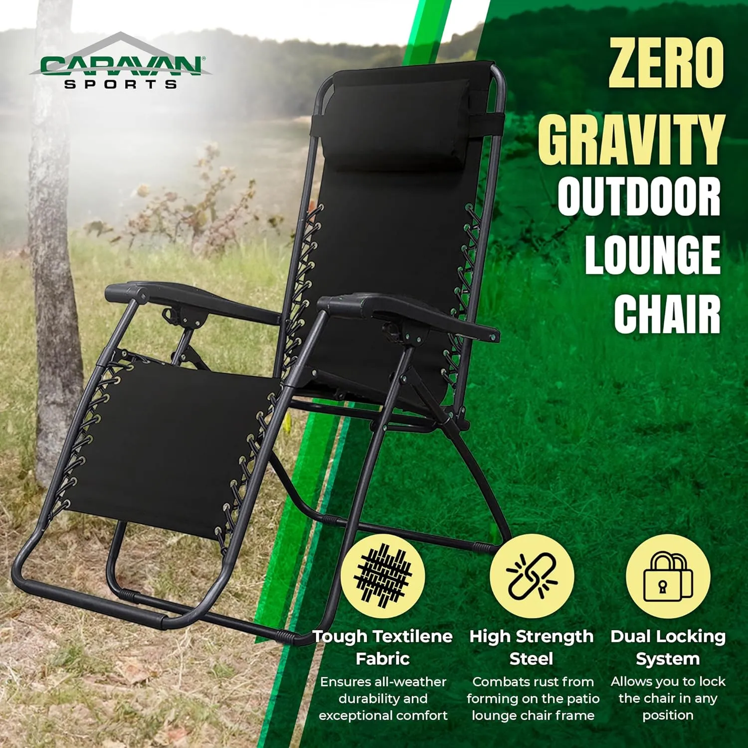 Sports Zero Gravity Outdoor Portable Folding Camping Lawn Deck Patio Pool Recliner Lounge Chair for Adults, Adjustable Headrest, Black