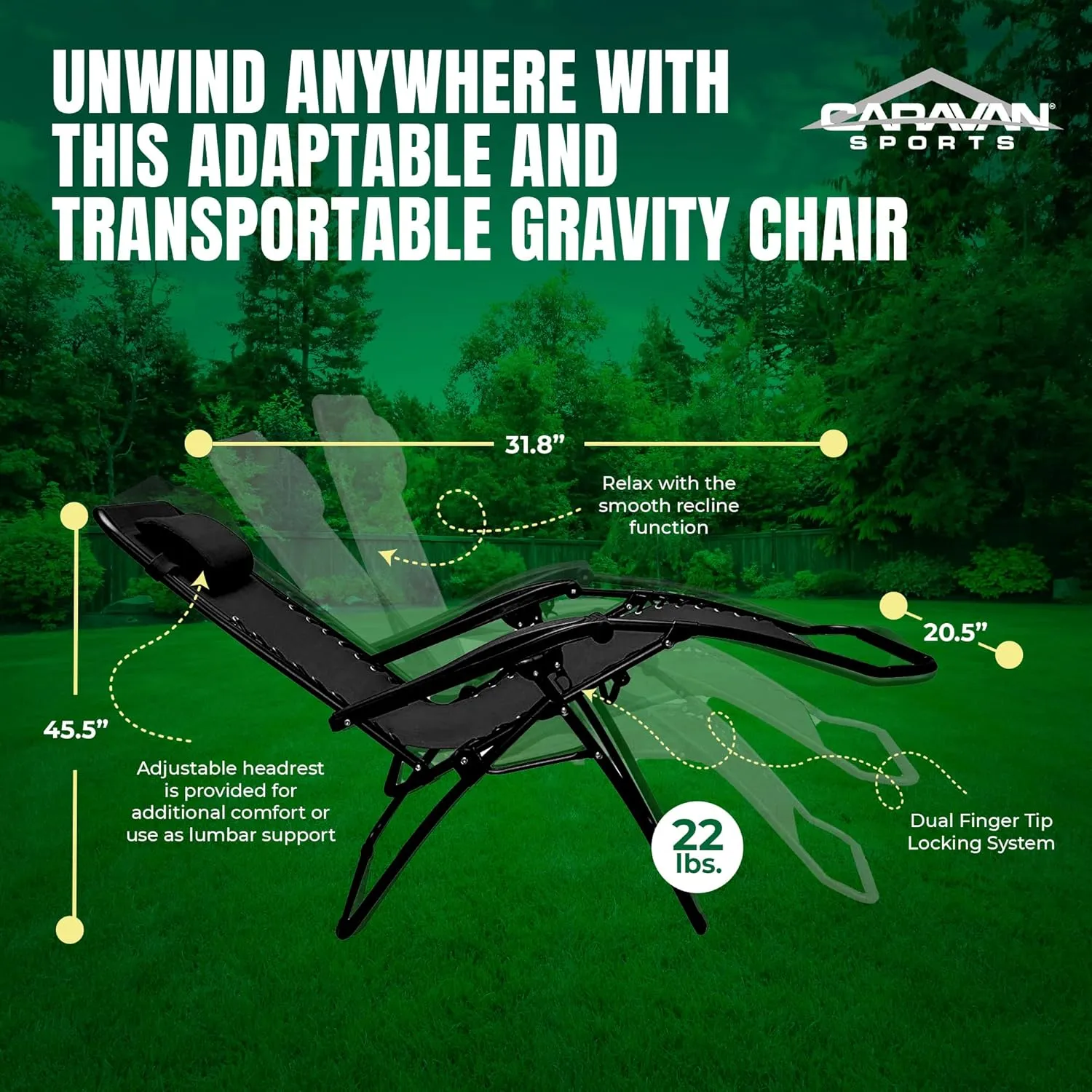 Sports Zero Gravity Outdoor Portable Folding Camping Lawn Deck Patio Pool Recliner Lounge Chair for Adults, Adjustable Headrest, Black