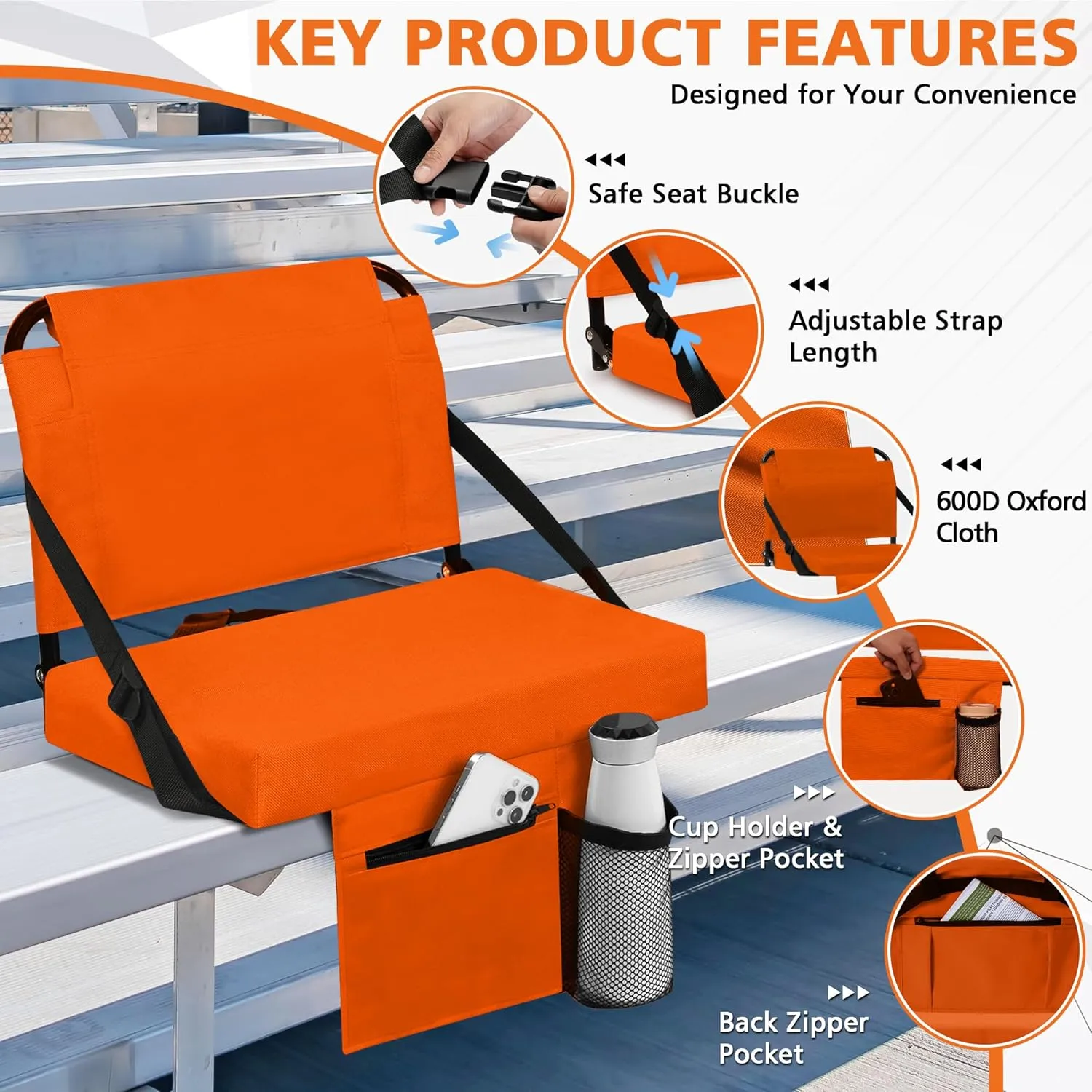 Stadium Seat for Bleachers with Back Support and Wide Padded Cushion Stadium Chair - Includes Shoulder Strap and Cup Holder