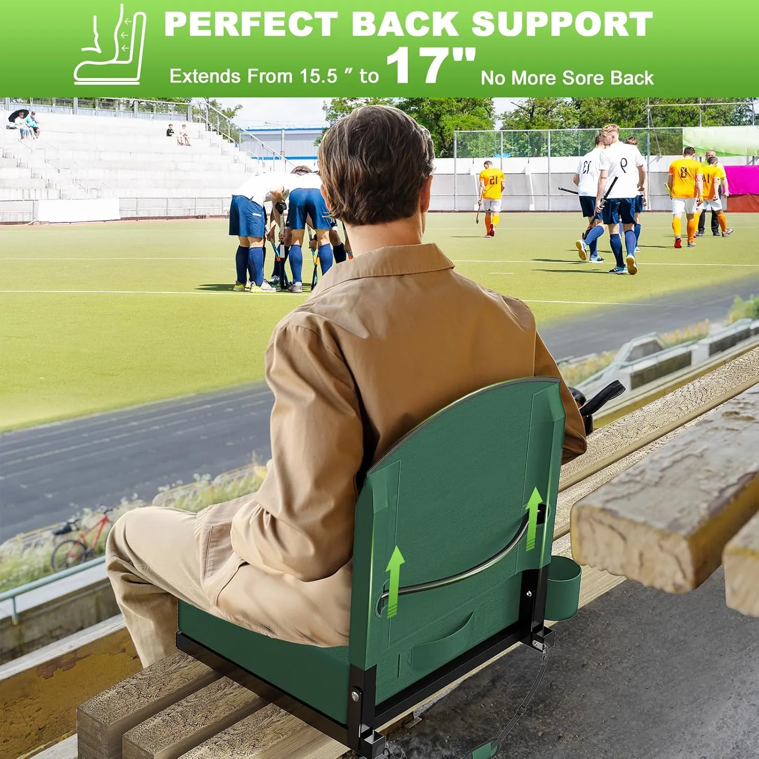 Stadium Seats with Back Support, Portable Bleacher Seat for Bleachers Hold up 400lbs, Wide Bleacher Seat with Shoulder Strap & Handle Perfect for Sports Events (Green, 1pcs)