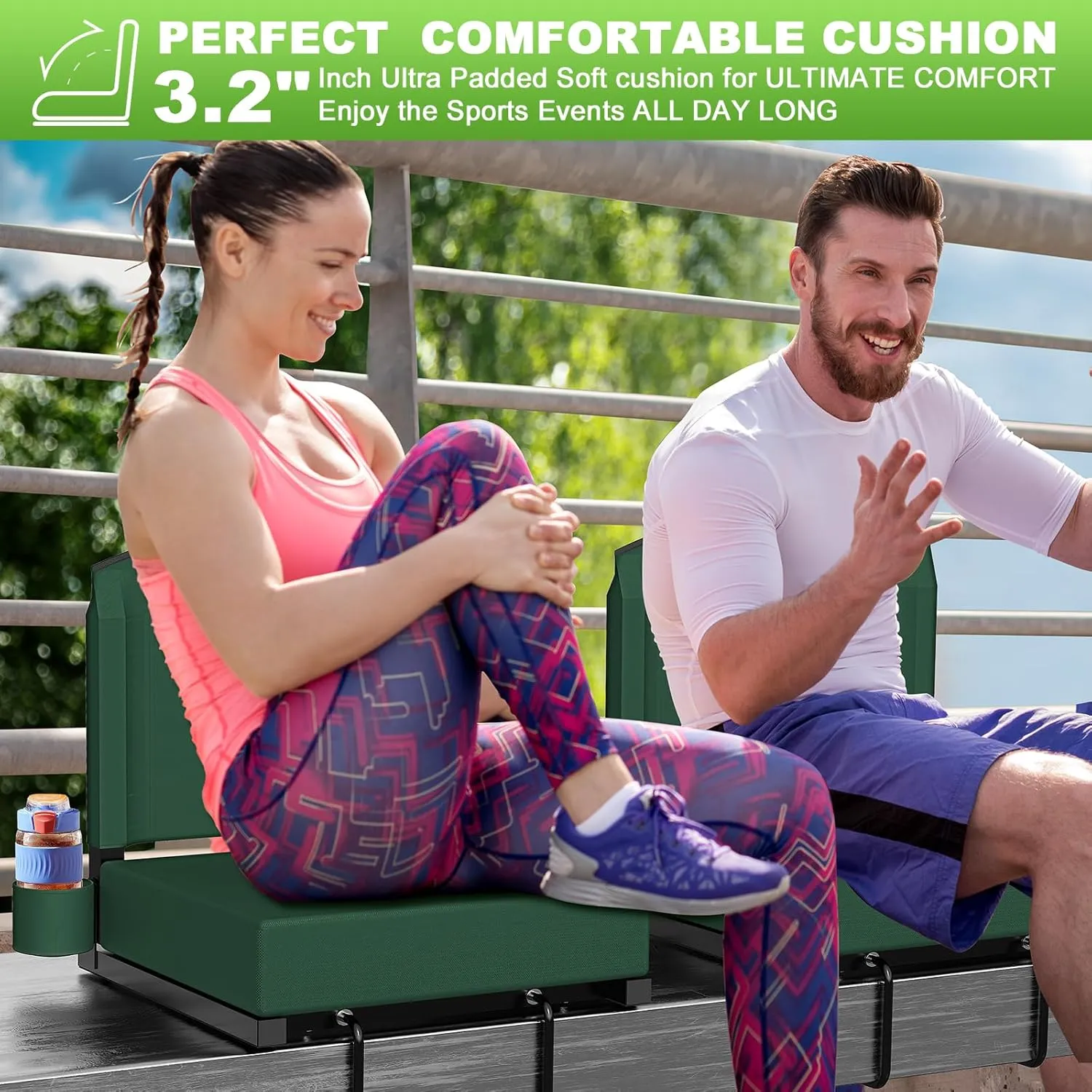 Stadium Seats with Back Support, Portable Bleacher Seat for Bleachers Hold up 400lbs, Wide Bleacher Seat with Shoulder Strap & Handle Perfect for Sports Events (Green, 1pcs)