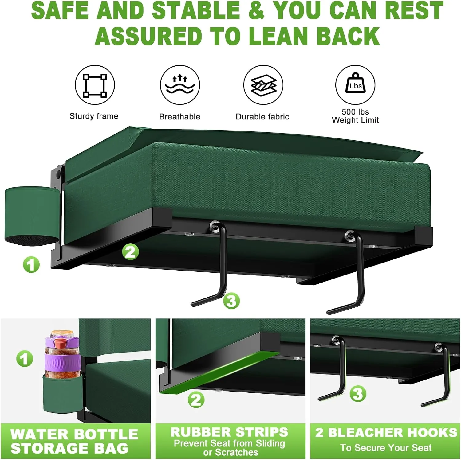 Stadium Seats with Back Support, Portable Bleacher Seat for Bleachers Hold up 400lbs, Wide Bleacher Seat with Shoulder Strap & Handle Perfect for Sports Events (Green, 1pcs)
