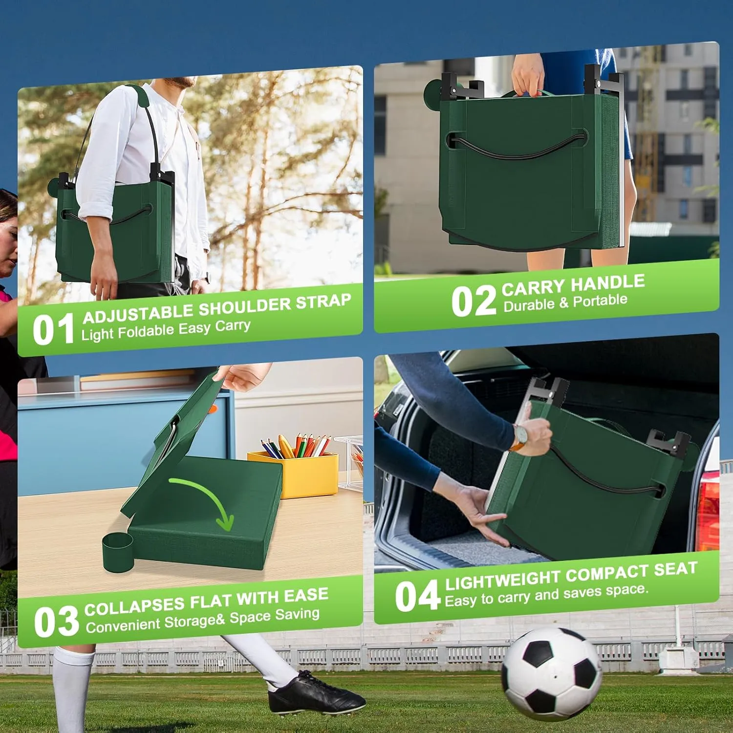 Stadium Seats with Back Support, Portable Bleacher Seat for Bleachers Hold up 400lbs, Wide Bleacher Seat with Shoulder Strap & Handle Perfect for Sports Events (Green, 1pcs)