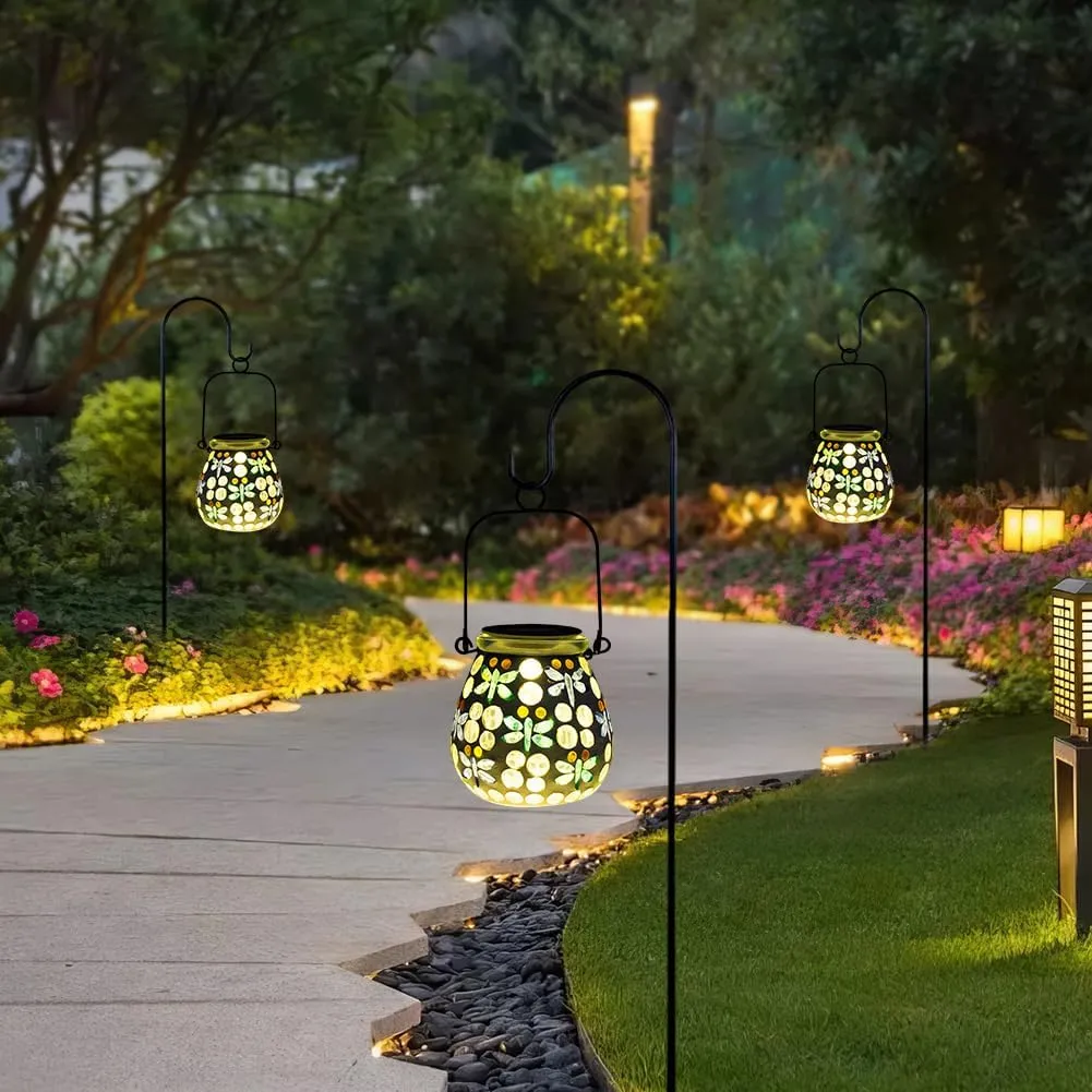 Stargarden Mosaic Solar Lanterns Outdoor Waterproof, Dragonfly Lanterns Decorative Outdoor, Glass Hanging Solar Lights Table Lamp for Yard, Garden Decor